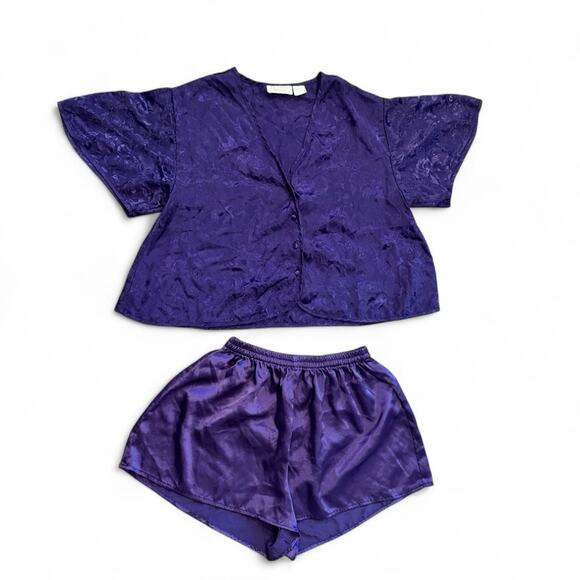 Victorias Secret VTG Gold Label Purple Satin Pajama Set Floral Jacquard Sz S 90s - Picture 1 of 10